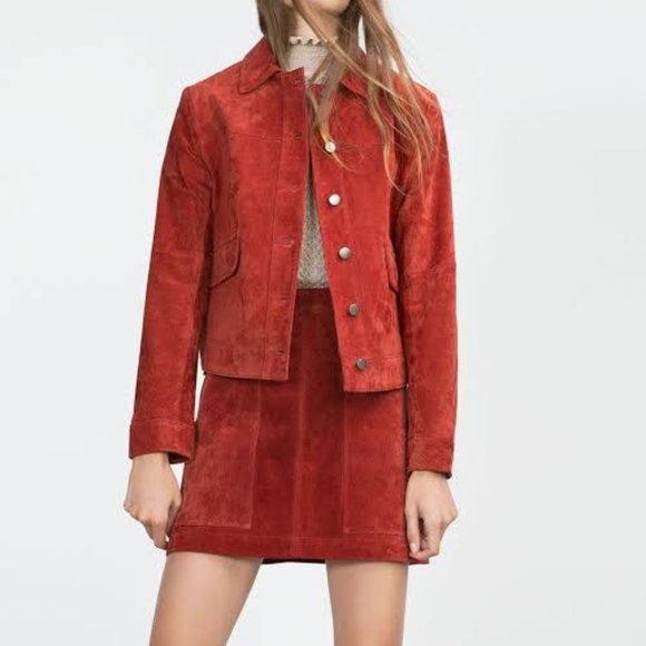 Zara Jackets & Blazers - ZARA Cropped Jacket in Faux Red Suede Boho Vegan Size XS